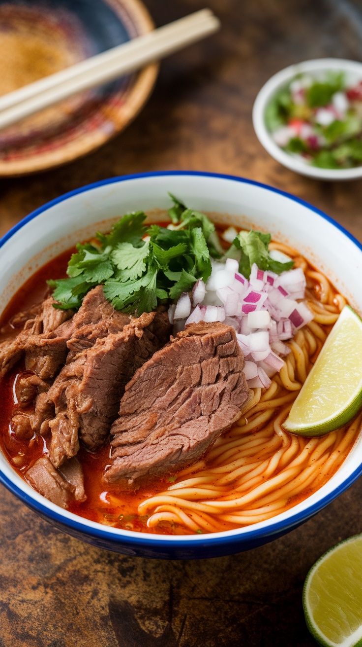 A bowl of spicy birria ramen with beef, noodles, cilantro, and lime on a rustic table.